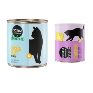 Cosma Kombi-Paket: 24 x 280 g Nature + 2 x 200 g Maxi Snackie XXL - Hühnchenfilet + Hühnchen