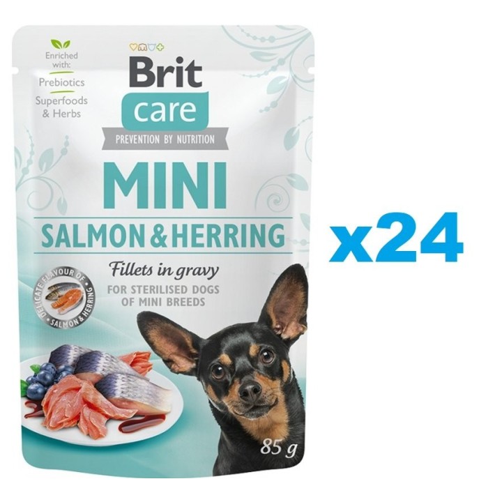 BRIT Care Mini Pouch Lachs &amp, Hering Sterilisiert 24x85g Nassfutter für kastrierte Hunde kleiner Rassen