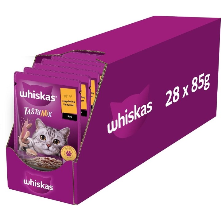 WHISKAS Adult 28x85g: Nassfutter für adulte Katzen mit Lamm und Pute in Sauce