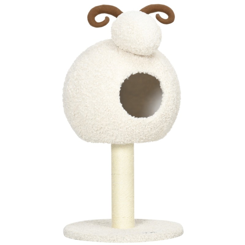 PawHut Kratzbaum 80 cm Katzenbaum mit Katzenhöhle im Ziegen-Design Kletterbaum mit Sisal-Seilpfosten cremeweiß für aktive Kat