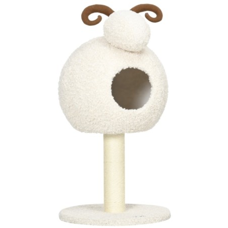 PawHut Kratzbaum 80 cm Katzenbaum mit Katzenhöhle im Ziegen-Design Kletterbaum mit Sisal-Seilpfosten cremeweiß für aktive Kat