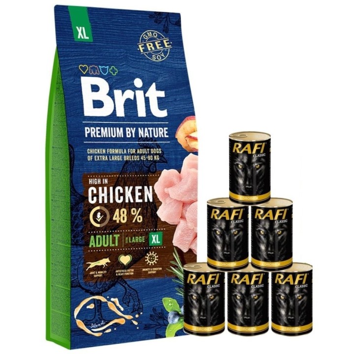 BRIT Premium By Nature Adult Extra Large XL 15 kg + Nassfutter mit Geflügel 6x1240 g