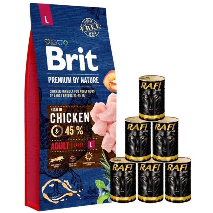 BRIT Premium By Nature Adult Large L 15 kg + Nassfutter mit Geflügel 6x1240 g