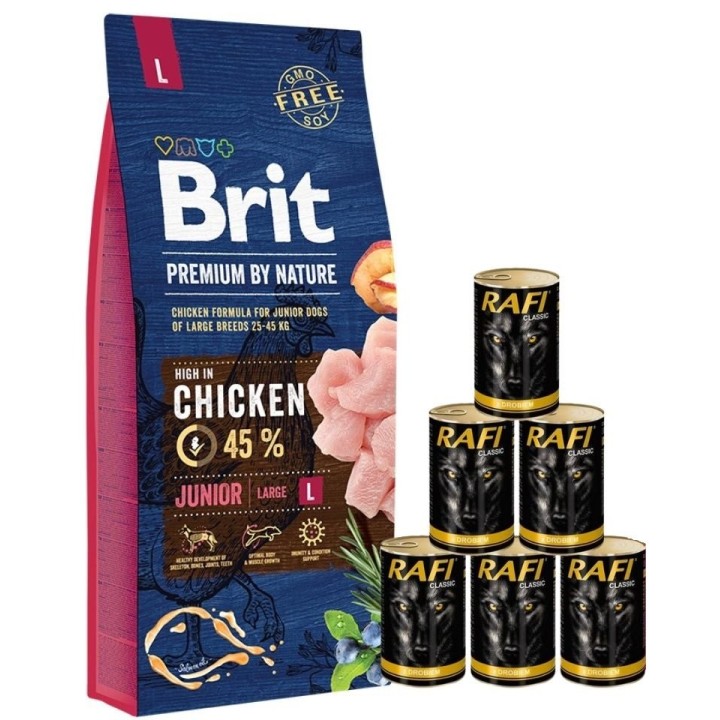 BRIT Premium By Nature Junior Large L 15 kg + Geflügel Nassfutter 6x1240 g