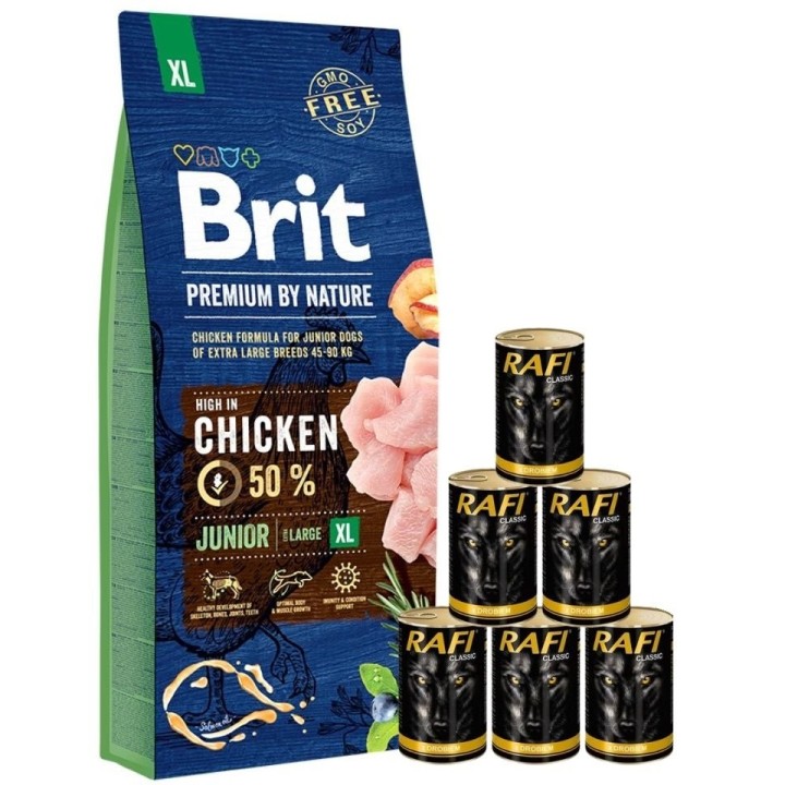 BRIT Premium By Nature Junior Extra Large XL 15 kg + Nassfutter mit Geflügel 6x1240 g