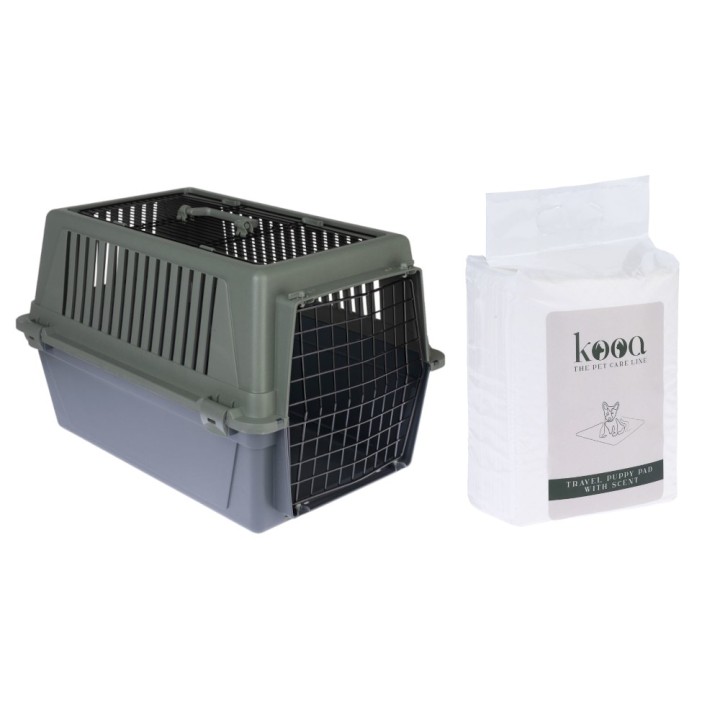 TIAKI Transportbox Verde - Sparset: Transportbox L + 15 x kooa Reise-Welpenunterlage mit Duft