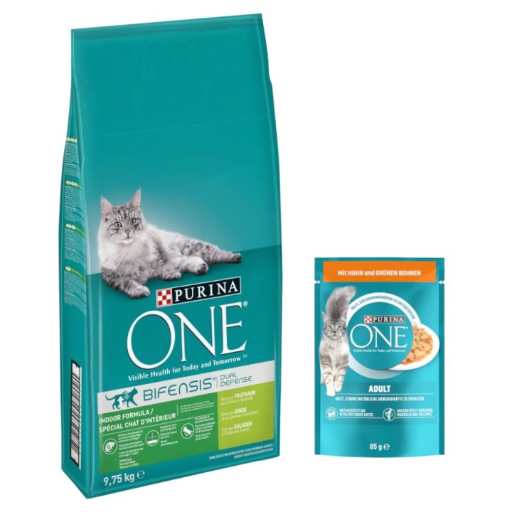9,75 kg PURINA ONE + 13 x 85 g Adult Huhn & grüne Bohnen gratis! - Indoor Formula