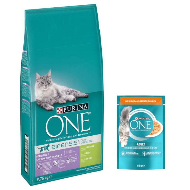 9,75 kg PURINA ONE + 13 x 85 g Adult Huhn & grüne Bohnen gratis! - Sensitive