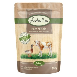 Lukullus Naturkost Adult Getreidefrei Frischebeutel 6 x 300 g - Ente & Kalb