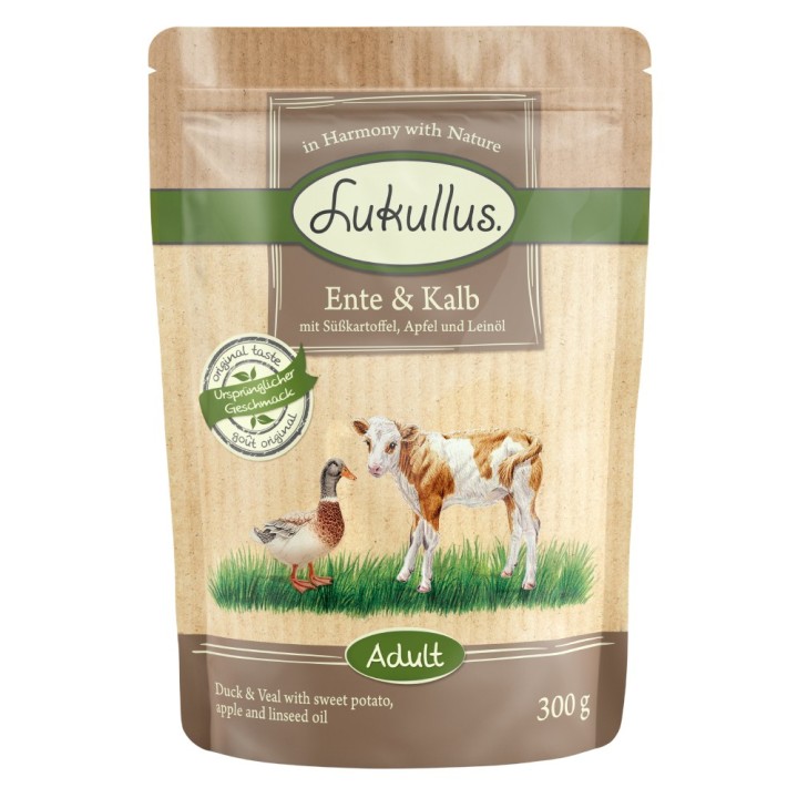 Lukullus Naturkost Adult Getreidefrei Frischebeutel 6 x 300 g - Ente & Kalb