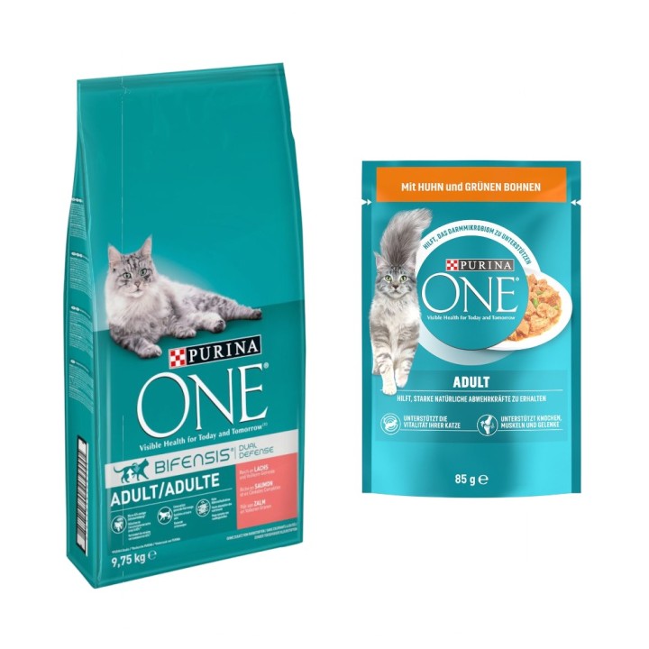 9,75 kg PURINA ONE + 13 x 85 g Adult Huhn & grüne Bohnen gratis! - Adult mit Lachs & Vollkorngetreide