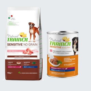 Natural Trainer Sensitive + passendes Nassfutter gratis! - 12 kg No Grain Adult Med/Maxi mit Schwein & Kartoffeln + 400 g Sch