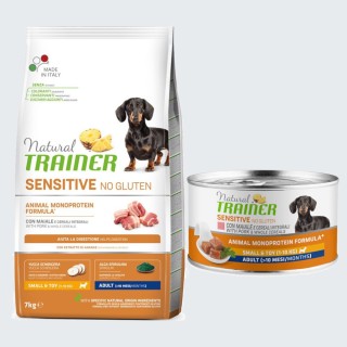 Natural Trainer Sensitive + passendes Nassfutter gratis! - 7 kg No Gluten Small & Toy Schwein + 150 g Small & Toy Schweinefle