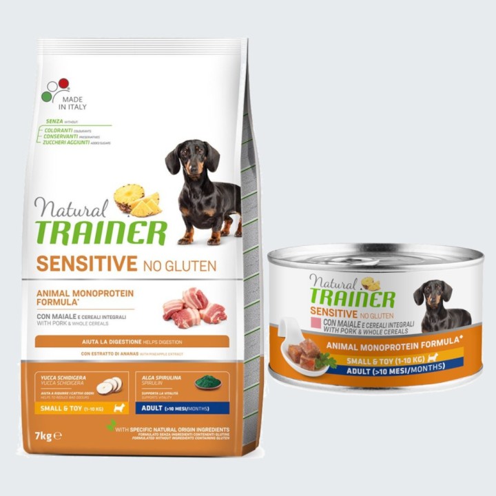Natural Trainer Sensitive + passendes Nassfutter gratis! - 7 kg No Gluten Small & Toy Schwein + 150 g Small & Toy Schweinefle