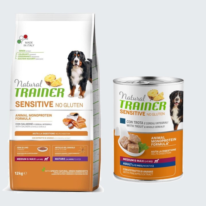 Natural Trainer Sensitive + passendes Nassfutter gratis! - 12 kg No Gluten Medium/Maxi Mature mit Lachs + 400 g Forelle & Vol