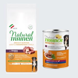 Natural Trainer Sensitive + passendes Nassfutter gratis! - 12 kg Adult Medium & Maxi mit Ente + 400 g Ente & Vollkorngetreide