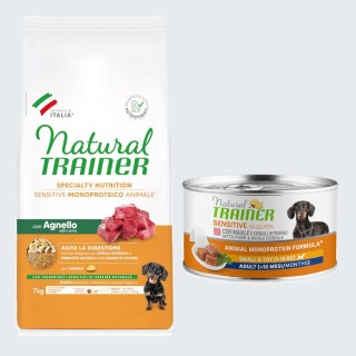 Natural Trainer Sensitive + passendes Nassfutter gratis! - 7 kg Adult Small & Toy mit Lamm + 150 g Small & Toy Schweinefleisc