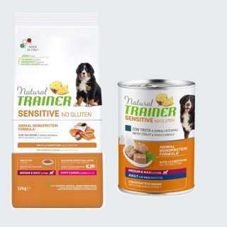 Natural Trainer Sensitive + passendes Nassfutter gratis! - 12 kg No Gluten Puppy & Junior Medium/Maxi mit Lachs + 400 g Forel