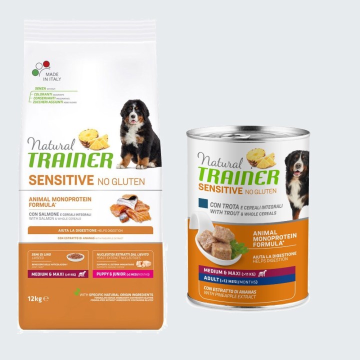 Natural Trainer Sensitive + passendes Nassfutter gratis! - 12 kg No Gluten Puppy & Junior Medium/Maxi mit Lachs + 400 g Forel