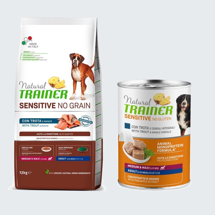 Natural Trainer Sensitive + passendes Nassfutter gratis! - 12 kg No Grain Adult Med/Maxi mit Forelle & Kartoffeln + 400 g For