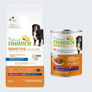 Natural Trainer Sensitive + passendes Nassfutter gratis! - 12 kg Adult Medium/Maxi mit Ei + 400 g Schwein & Vollkorngetreide