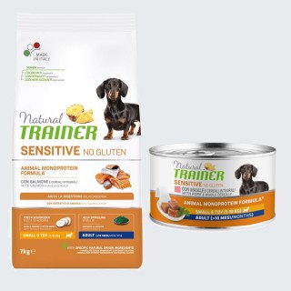 Natural Trainer Sensitive + passendes Nassfutter gratis! - 7 kg No Gluten Adult Small mit Lachs + 150 g Small & Toy Schweinef