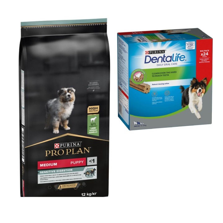 PURINA PRO PLAN Trockenfutter + passende Dentalife Snacks gratis! - 12 kg Medium Puppy Lamm & Reis Sensitive Digestion + 24 S