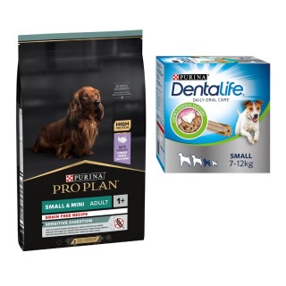 PURINA PRO PLAN Trockenfutter + passende Dentalife Snacks gratis! - 7 kg Small & Mini Adult Sensitive Digestion Getreidefrei