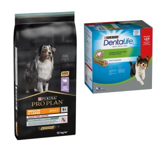 PURINA PRO PLAN Trockenfutter + passende Dentalife Snacks gratis! - 12 kg Medium & Large Adult Sensitive Digestion Getreidefr