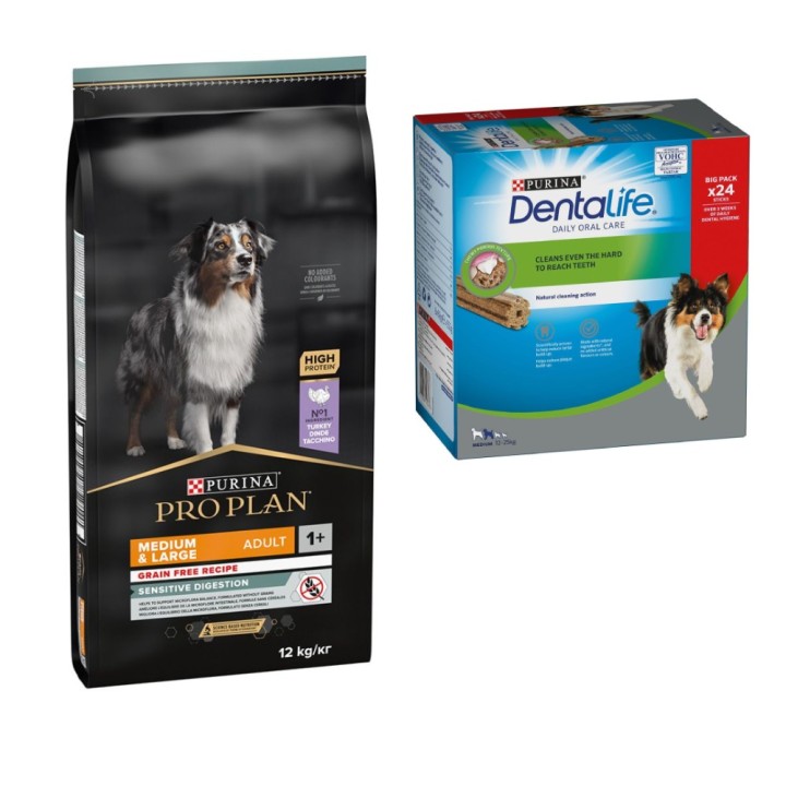 PURINA PRO PLAN Trockenfutter + passende Dentalife Snacks gratis! - 12 kg Medium & Large Adult Sensitive Digestion Getreidefr