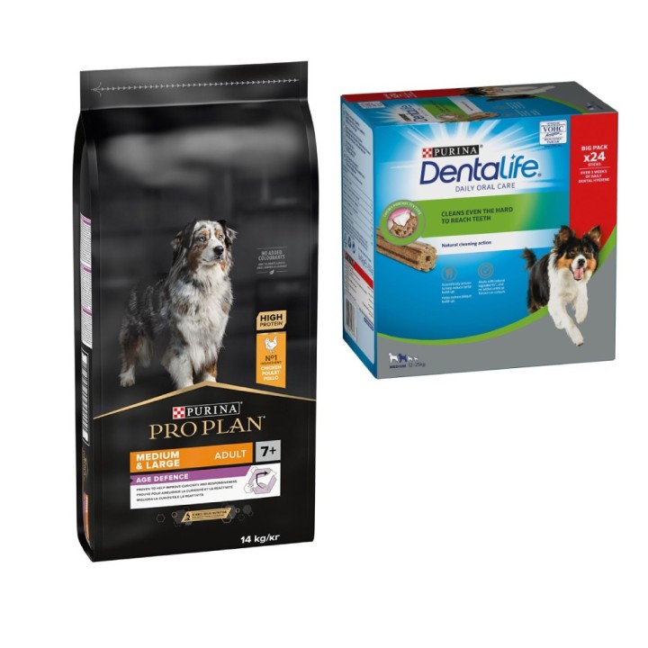 PURINA PRO PLAN Trockenfutter + passende Dentalife Snacks gratis! - 14 kg Medium & Large Adult 7+ Age Defence + 24 Sticks für