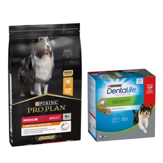 PURINA PRO PLAN Trockenfutter + passende Dentalife Snacks gratis! - 7 kg Medium Adult Everyday Nutrition + 24 Sticks für mitt