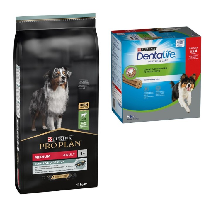 PURINA PRO PLAN Trockenfutter + passende Dentalife Snacks gratis! - 14 kg Medium Adult Lamm & Reis Sensitive Digestion + 24 S