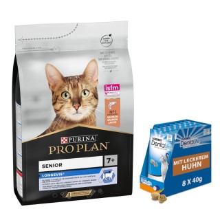 3 kg PURINA PRO PLAN + 8 x 40 g Dentalife Tägliche Katzensnacks mit Huhn gratis! - Senior 7+ Longevis reich an Lachs