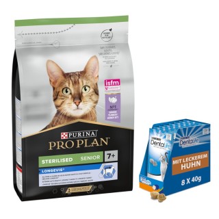 3 kg PURINA PRO PLAN + 8 x 40 g Dentalife Tägliche Katzensnacks mit Huhn gratis! - Sterilised Senior 7+ Longevis Truthahn