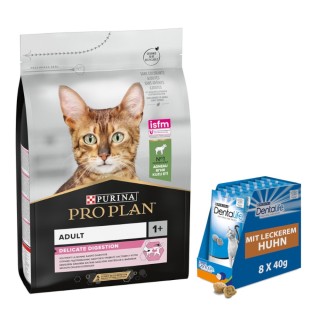 3 kg PURINA PRO PLAN + 8 x 40 g Dentalife Tägliche Katzensnacks mit Huhn gratis! - Adult Delicate Digestion reich an Lamm