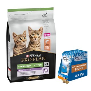 3 kg PURINA PRO PLAN + 8 x 40 g Dentalife Tägliche Katzensnacks mit Huhn gratis! - Sterilised Kitten Healthy Start Lachs
