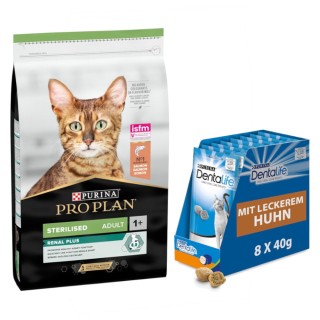 10 kg PURINA PRO PLAN + 8 x 40 g Dentalife Tägliche Zahnpflege-Snacks gratis! - Sterilised Adult Renal Plus Lachs
