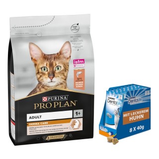 3 kg PURINA PRO PLAN + 8 x 40 g Dentalife Tägliche Katzensnacks mit Huhn gratis! - Adult Derma Care reich an Lachs