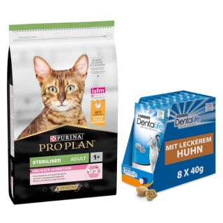 10 kg PURINA PRO PLAN + 8 x 40 g Dentalife Tägliche Zahnpflege-Snacks gratis! - Sterilised Adult Delicate Digestion