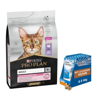 3 kg PURINA PRO PLAN + 8 x 40 g Dentalife Tägliche Katzensnacks mit Huhn gratis! - Adult Delicate Digestion reich an Truthahn