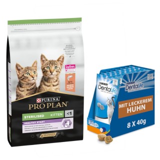 10 kg PURINA PRO PLAN + 8 x 40 g Dentalife Tägliche Zahnpflege-Snacks gratis! - Sterilised Kitten Healthy Start Lachs