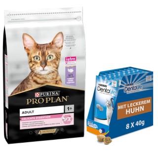 10 kg PURINA PRO PLAN + 8 x 40 g Dentalife Tägliche Zahnpflege-Snacks gratis! - Adult Delicate Digestion reich an Truthahn