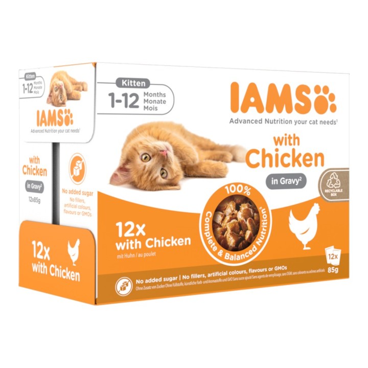 36 + 12 gratis! 48 x 85 g IAMS Advanced Nutrition in Sauce - Kitten Huhn
