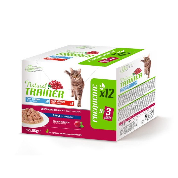 38 + 10 gratis! 48 x 85 g Natural Trainer Adult - 4 x (12 x 85 g) Thunfisch und Rind