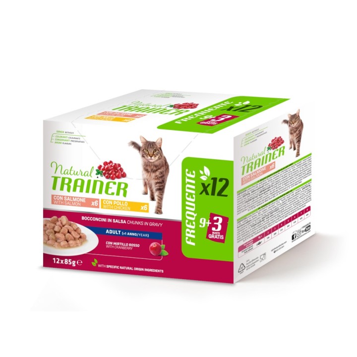 38 + 10 gratis! 48 x 85 g Natural Trainer Adult - 4 x (12 x 85 g) Huhn und Lachs