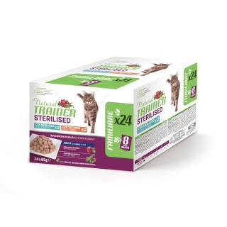 38 + 10 gratis! 48 x 85 g Natural Trainer Adult - 2 x (24 x 85 g) Sterilised Truthahn und Kabeljau
