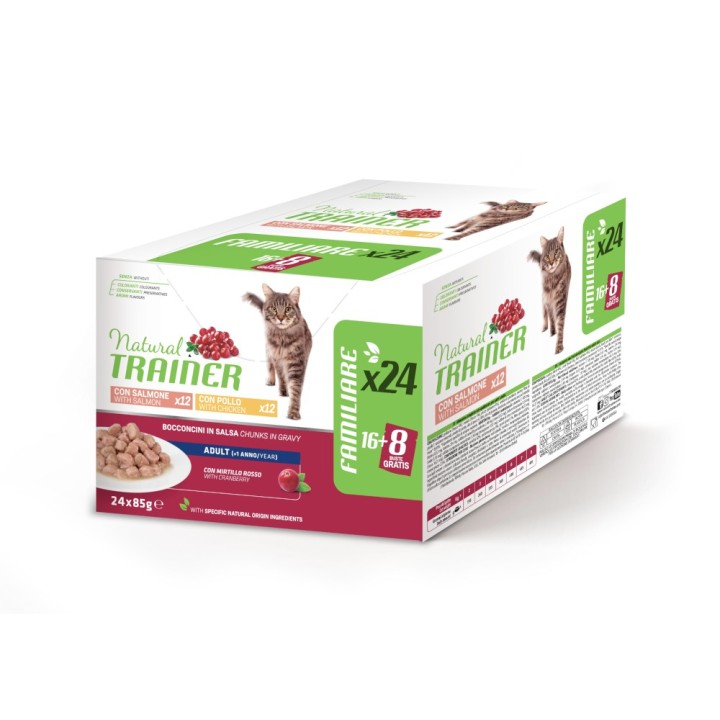 38 + 10 gratis! 48 x 85 g Natural Trainer Adult - 2 x (24 x 85 g) Huhn und Lachs