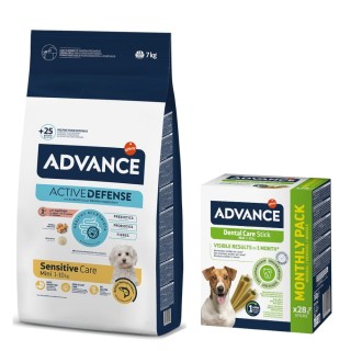 Advance Trockenfutter + passender Snack gratis! - 7 kg Mini Sensitive Adult + 360 g Dental Care Stick Mini