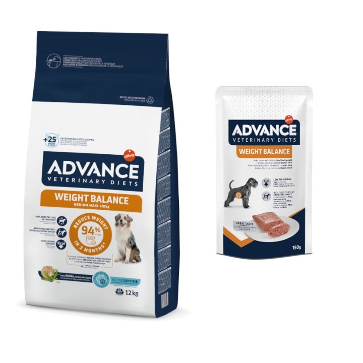 12 kg Advance Veterinary Diets Trockenfutter + 8 x 150 g Ausgewähltes Nassfutter zum Sonderpreis! - Weight Balance Medium/Max